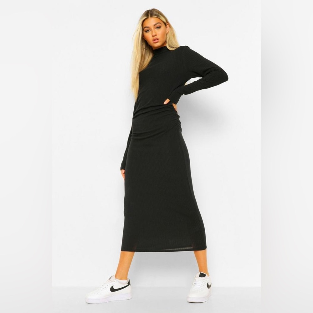 Boohoo LBD soft ribbed black vertical stripe long sleeve turtle neck midi dress